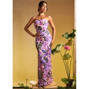 Mew Mews Nacoa Embellished Strapless Maxi Dress Size S Sequins Floral NWT $240